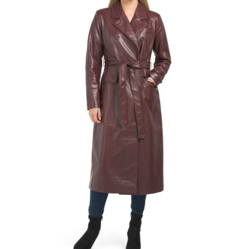 7 for All Mankind Faux Leather Raisin Double Breasted Trenchcoat